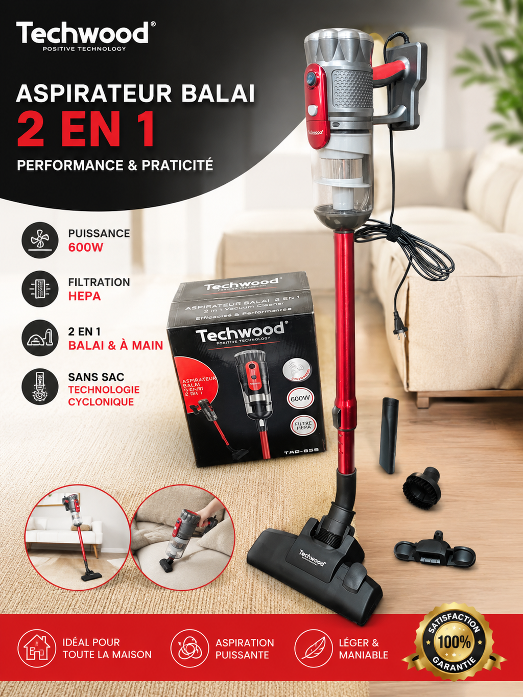 Aspirateur Balai Techwood 2-en-1